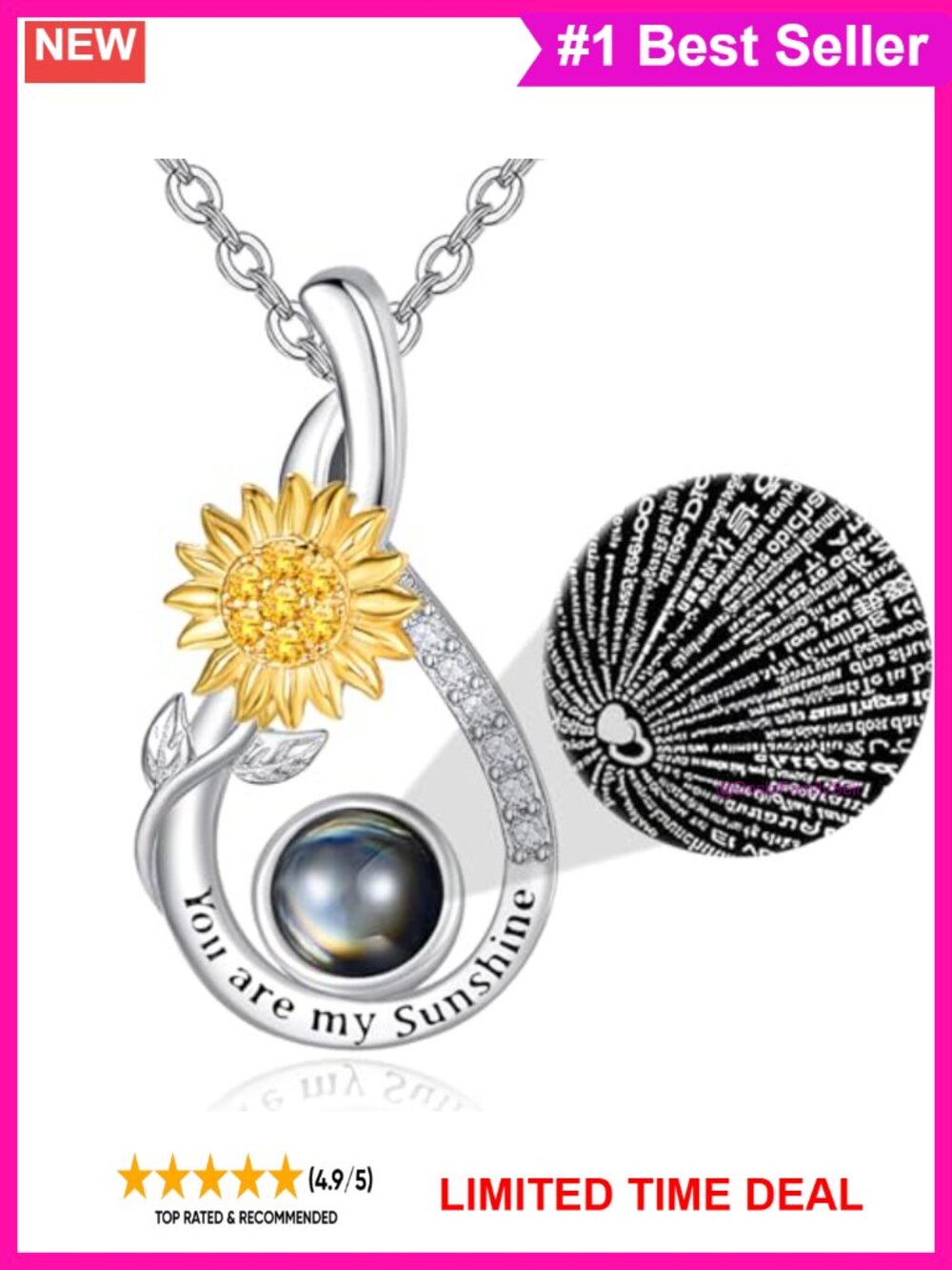 925 Sterling Silver Sunflower Projection Necklace I Love You 100 Languages